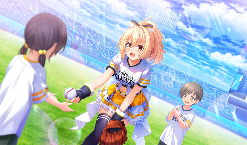 1boy 2girls :d ball baseball_(object) baseball_stadium baseball_uniform black_thighhighs black_undershirt blonde_hair blurry bow brown_eyes cinderella_series cloud depth_of_field dutch_angle eye_contact film_grain frilled_skirt frills game_cg hachigatsu_no_cinderella_nine hair_bow hand_on_own_knee high_ponytail highres holding holding_ball leaning_forward lens_flare light_particles light_rays looking_at_another multicolored_bow multicolored_skirt multiple_girls navel non-web_source official_art on_grass open_mouth outdoors ponytail scoreboard shirt shirt_under_shirt short_sleeves skirt sky smile sportswear standing sunbeam sunlight takanashi_yuzu thighhighs tied_shirt white_shirt