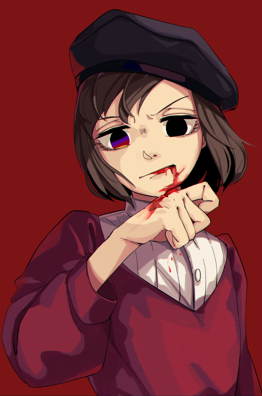 1boy beret black_eyes black_hat blood blood_from_mouth bob_cut brown_hair buttons clenched_hand collared_shirt colored_pencils_(paper_mario) commentary_request determined dress_shirt eyelashes floating_hair furrowed_brow hat heterochromia high_collar highres long_sleeves looking_at_viewer male_focus mario_(series) multicolored_eyes mumumu57hiro nintendo paper_mario paper_mario:_the_origami_king parted_lips personification puffy_long_sleeves puffy_sleeves red_background red_tunic shirt short_hair simple_background solo tunic upper_body v-shaped_eyebrows white_shirt wiping_blood