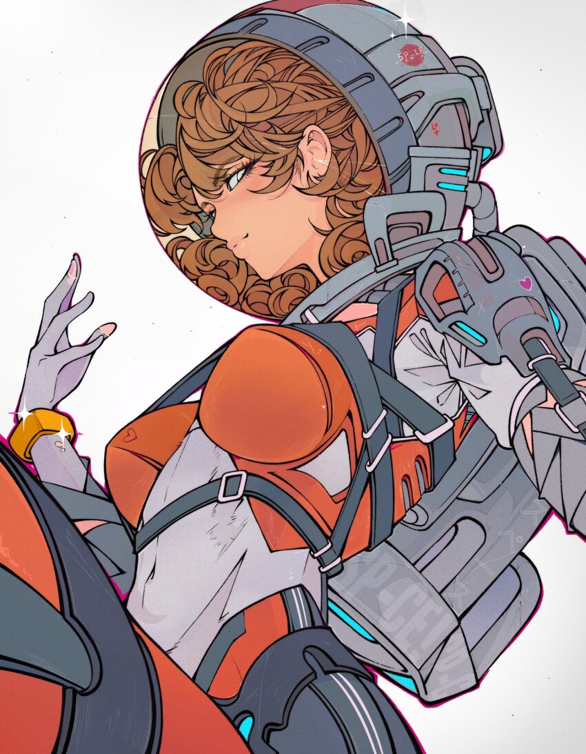 1girl blush bracelet breasts broken_helmet brown_hair closed_mouth covered_navel elliemaplefox english_text eyelashes gloves grey_gloves hand_up heart heart_print helmet highres jewelry looking_at_viewer medium_breasts medium_hair original simple_background smile solo space_helmet spacesuit sparkle torn_clothes torn_gloves upper_body white_background white_eyes