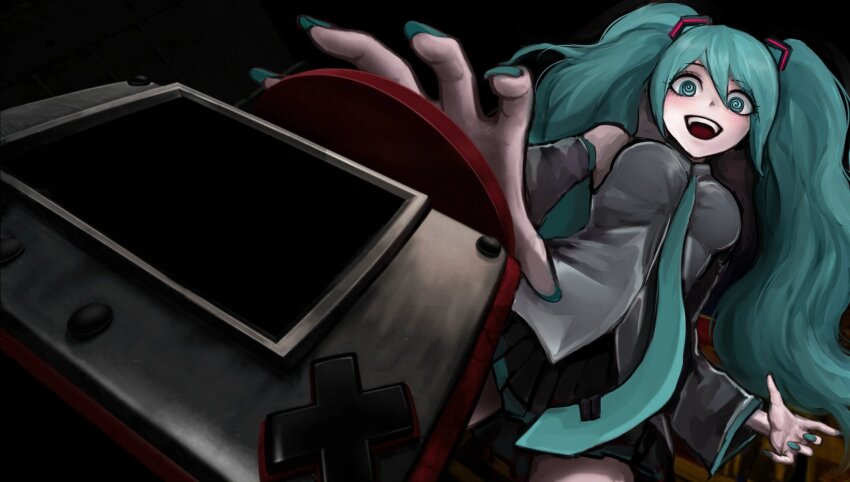 1girl :d aqua_eyes aqua_hair aqua_nails aqua_necktie black_skirt black_sleeves bow bowtie breasts danganronpa:_trigger_happy_havoc danganronpa_(series) detached_sleeves evil_smile feet_out_of_frame from_below grey_shirt hair_ornament hatsune_miku highres long_hair medium_breasts necktie open_mouth push-button red_button ringed_eyes shirt skirt sleeveless sleeveless_shirt smile solo topsieturvy twintails vocaloid