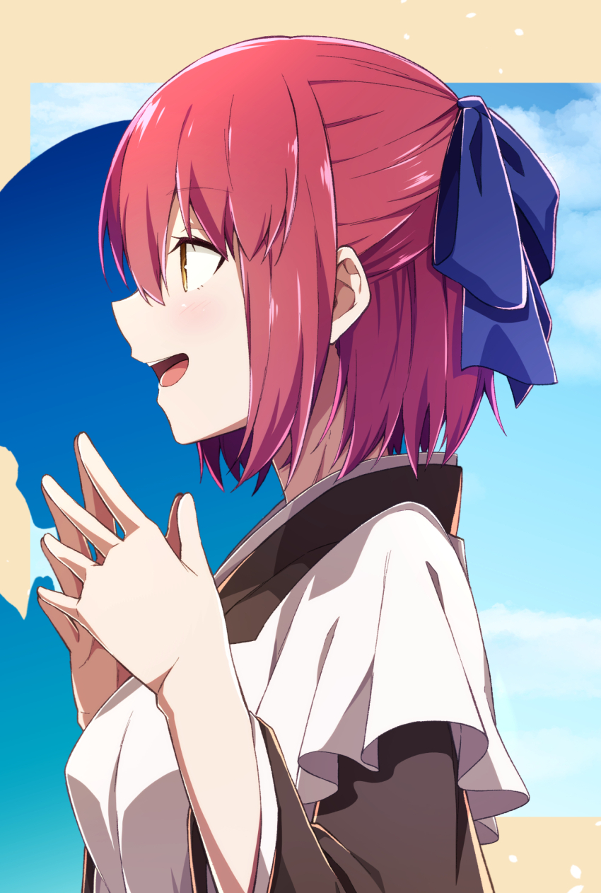1girl apron azami_masurao blue_ribbon brown_kimono commentary_request from_side hair_ribbon half_updo highres japanese_clothes kimono kohaku_(tsukihime) maid maid_apron open_mouth own_hands_together profile red_hair ribbon short_hair smile solo tsukihime wa_maid white_apron wide_sleeves yellow_eyes