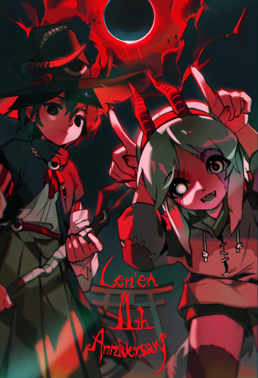 2others absurdres adapted_costume androgynous anniversary belt black_cloak black_eyes black_hair black_hat black_kimono black_shorts black_thighhighs bow bowtie bright_pupils brown_hoodie cloak cloud cloudy_sky colored_tongue commentary cowboy_shot demon_horns detached_sleeves enraku_tsubakura expressionless eye_brooch eye_of_senri fangs favnvs_(s910a_ib6) fingernails green_hakama green_tongue grey_eyes grey_hair hairband hakama hakama_skirt halloween halloween_costume hands_on_own_head happy hashtag-only_commentary hat highres holding holding_staff hood hood_down hoodie horn_hairband horns horns_through_headwear houlen_yabusame japanese_clothes jinbei_(clothes) kimono leaning_forward len&#039;en long_sleeves lower_teeth_only mismatched_pupils moon multiple_others night open_mouth other_focus outdoors patchwork_clothes puffy_long_sleeves puffy_sleeves red_belt red_bow red_bowtie red_hairband red_horns red_pupils scar scar_across_eye scar_on_face shirt short_hair_with_long_locks shorts skirt sky smile staff stitched_face stitches teeth thighhighs top_hat torii torn_clothes torn_hat torn_sleeves turtleneck two-sided_fabric two-sided_headwear white_pupils white_shirt white_sleeves wide_sleeves