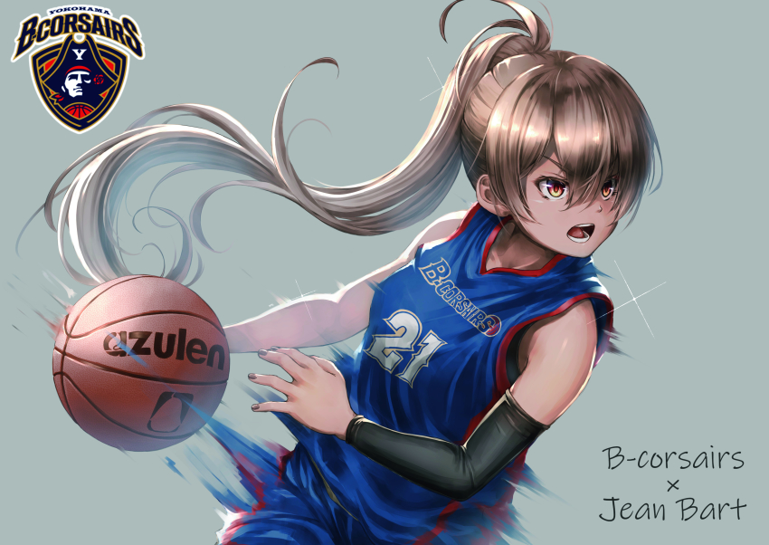 1girl absurdres afterimage arm_warmers azur_lane ball bare_shoulders basketball basketball_(object) basketball_uniform blue_shirt blue_shorts breasts brown_hair brown_nails character_name clothes_writing collarbone commentary_request cowboy_shot floating_hair grey_background hair_between_eyes high_ponytail highres holding holding_ball jean_bart_(azur_lane) logo long_hair looking_to_the_side medium_breasts open_mouth ponytail red_eyes shirt shorts sidelocks simple_background solo sportswear standing teeth very_long_hair yakkuro