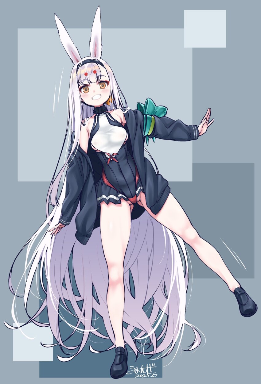 1girl animal_ears azur_lane balancing bikini bikini_bottom_only bikini_over_clothes black_dress black_jacket black_shoes breasts brown_eyes dress full_body gluteal_fold grin hairband highres jacket leaning_to_the_side legs legs_apart long_hair looking_at_viewer off_shoulder rabbit_ears rabbit_girl red_bikini shimakaze_(azur_lane) shirt shoes short_dress small_breasts smile solo standing standing_on_one_leg swimsuit thighs umyonge_(lkakeu) very_long_hair white_hair