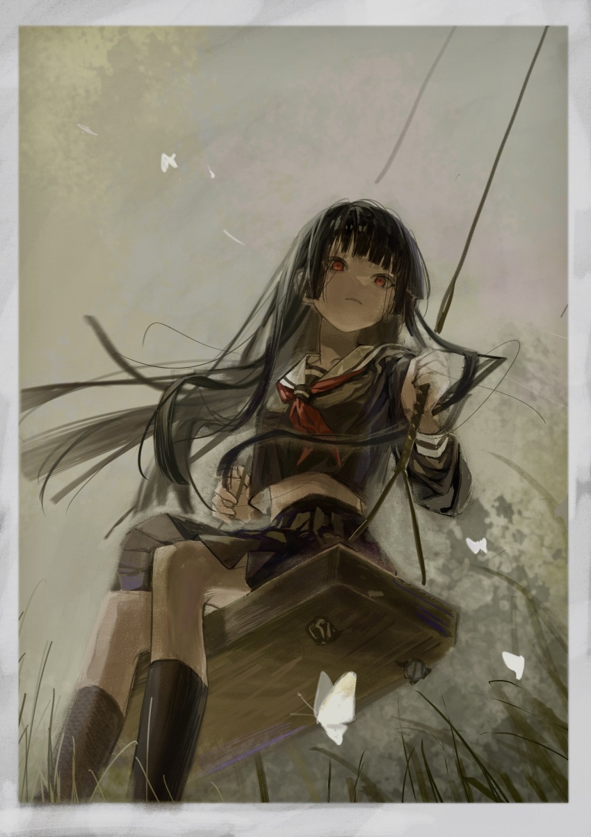 1girl 78404938 absurdres black_hair black_serafuku black_shirt black_skirt black_socks blunt_bangs blunt_ends border bug butterfly chinese_commentary closed_mouth cloud cloudy_sky commentary_request day enma_ai expressionless feet_out_of_frame floating_hair frown grass grey_border highres hime_cut insect jigoku_shoujo kneehighs long_hair long_sleeves looking_at_viewer medium_skirt midriff neckerchief on_swing outdoors pleated_skirt red_eyes red_neckerchief sailor_collar school_uniform serafuku shirt sitting skirt skirt_set sky socks solo straight_hair swing swinging swinging_on_swing tree very_long_hair white_butterfly white_sailor_collar