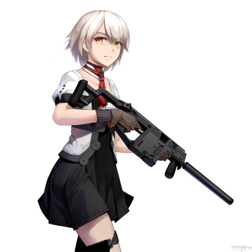 1girl absurdres artist_name bad_id bad_pixiv_id brown_eyes brown_gloves choker commentary cowboy_shot dress female_focus frown girls&#039;_frontline gloves grey_hair gun hair_over_one_eye highres holding holding_gun holding_weapon kriss_usa kriss_vector looking_to_the_side magpul multicolored_dress red_neckwear serious short_hair short_sleeves solo standing submachine_gun suppressor transformational_defense_industries vector_(girls&#039;_frontline) vectorek walking weapon white_background yellow_eyes