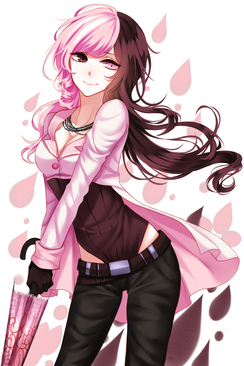1girl absurdres bad_id bad_pixiv_id belt breasts brown_eyes brown_hair cleavage closed_umbrella female_focus gloves heterochromia highleg highleg_leotard highres leotard long_hair medium_breasts multicolored_hair neopolitan_(rwby) pants pink_eyes pink_hair rwby sheya solo split-color_hair two-tone_hair umbrella