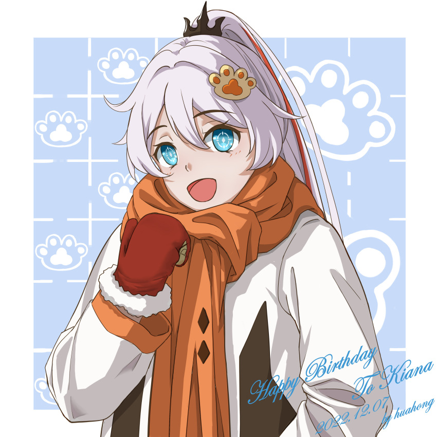 1girl absurdres blue_eyes cat_paw english_text gloves hair_ornament highres honkai_(series) honkai_impact_3rd huahong_(user_asrp7337) kiana_kaslana kiana_kaslana_(herrscher_of_flamescion) looking_at_viewer multicolored_hair open_mouth orange_scarf ponytail red_gloves scarf solo streaked_hair white_hair winter_clothes winter_gloves