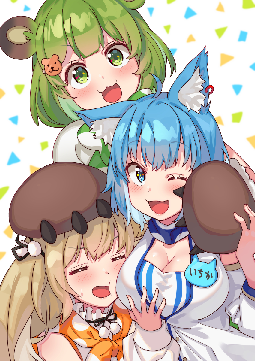 3girls :3 absurdres ahoge animal_ear_fluff animal_ears animare bare_shoulders bear_ears bear_hair_ornament bear_paws black_ribbon blue_eyes blue_hair blue_neckwear blunt_bangs blush bow breast_hold breast_rest breasts brown_hair cleavage closed_eyes detached_sleeves dog_ears green_bow green_eyes green_hair hair_ornament highres hinokuma_ran hug hug_from_behind inaba_haneru_(animare) large_breasts medium_hair multiple_girls nanashi_inc. one_eye_closed open_mouth orange_neckwear rabbit_ears ribbon shirt short_hair simple_background smile smother souya_ichika souya_ichika_(1st_costume) tonarikeru virtual_youtuber white_shirt