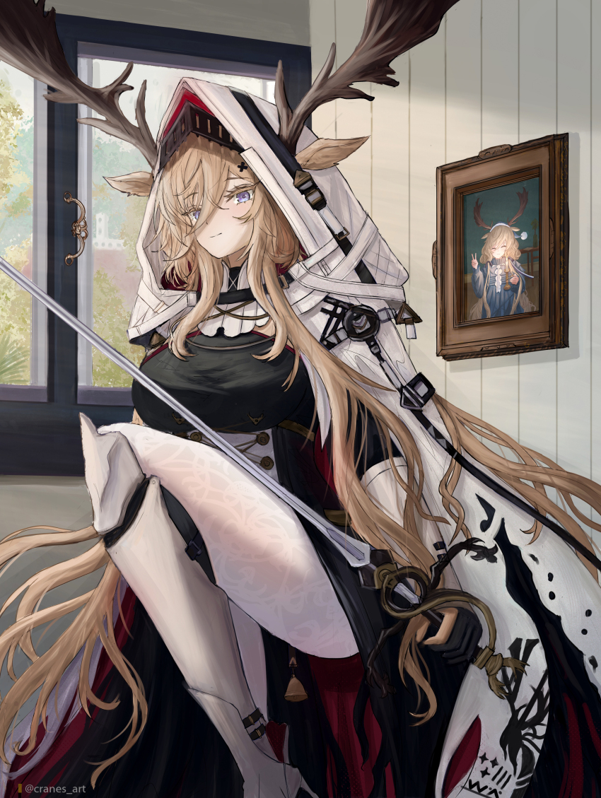 1girl absurdres animal_ears antlers antlers_through_hood arknights black_dress blonde_hair blue_eyes breasts closed_mouth cranes_(hiroro1) dress ears_through_headwear ears_through_hood hair_between_eyes highres holding holding_sword holding_weapon horns indoors large_breasts leg_armor leg_up long_hair looking_at_viewer moose_antlers moose_ears moose_girl pantyhose portrait_(object) solo sword twitter_username very_long_hair viviana_(arknights) weapon white_hood white_pantyhose window