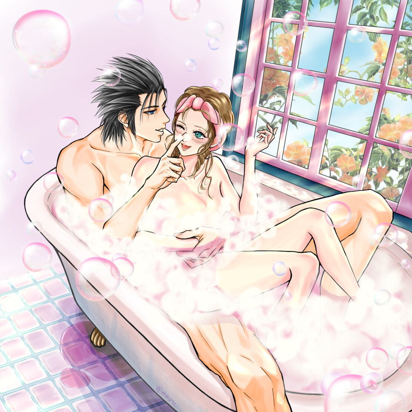 1boy 1girl absurdres aerith_gainsborough bathtub black_hair blue_eyes blue_sky blush brown_hair cloud cloudy_sky collarbone commentary_request convenient_censoring couple crisis_core:_final_fantasy_vii feet_out_of_frame final_fantasy final_fantasy_vii finger_to_another&#039;s_nose green_eyes hair_slicked_back hetero highres hug hug_from_behind in_bathtub indoors long_hair looking_at_another marumaruru5 nude one_eye_closed open_mouth shared_bathing short_hair sitting sitting_on_lap sitting_on_person sky soap_bubbles spiked_hair window zack_fair