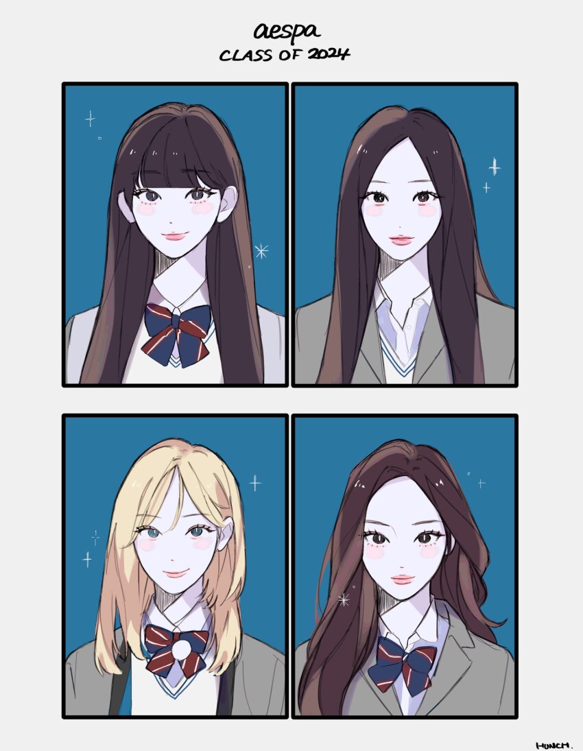 4girls aespa blonde_hair blue_background blunt_bangs blush bow bowtie brown_hair fenkogenki giselle_(aespa) group_name hashtag-only_commentary highres jacket karina_(aespa) long_hair looking_at_viewer medium_hair multiple_girls ningning_(aespa) pink_lips portrait school_uniform simple_background smile sparkle wing_collar winter_(aespa)
