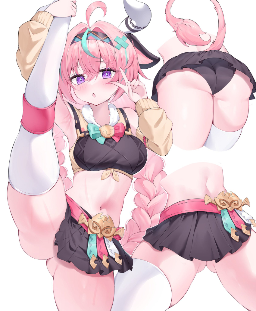 1girl ? @_@ ahoge animal_ears aqua_hair armpits ass belt black_panties black_skirt blush bow braid breasts commentary_request cow_ears cow_girl cow_horns cow_tail cowboy_shot cropped_legs cropped_torso detached_sleeves fur_trim genshin_impact gluteal_fold hair_between_eyes hairband highres horns leg_up long_hair looking_at_viewer medium_breasts midriff multicolored_hair multiple_views navel open_mouth panties pekokota pink_hair purple_eyes single_thighhigh skirt split standing standing_on_one_leg standing_split streaked_hair tail thighhighs thighs twin_braids underwear v varesa_(genshin_impact) yellow_sleeves