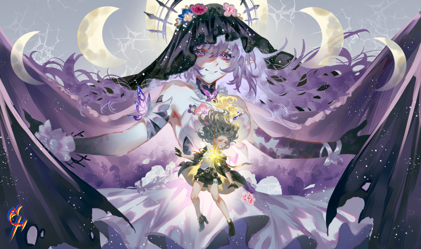 2girls absurdres artist_logo asymmetrical_gloves bare_shoulders black_gloves black_jacket black_shoes black_skirt black_veil breasts castorice_(honkai:_star_rail) closed_eyes closed_mouth coconuthound commentary dress elbow_gloves english_commentary gloves grey_hair hair_spread_out highres honkai:_star_rail honkai_(series) jacket large_breasts logo long_hair looking_at_viewer multiple_girls pointy_ears purple_eyes purple_gloves purple_hair shirt shoes single_elbow_glove skirt smile stelle_(honkai:_star_rail) thigh_strap trailblazer_(honkai:_star_rail) uneven_gloves veil very_long_hair white_dress white_shirt
