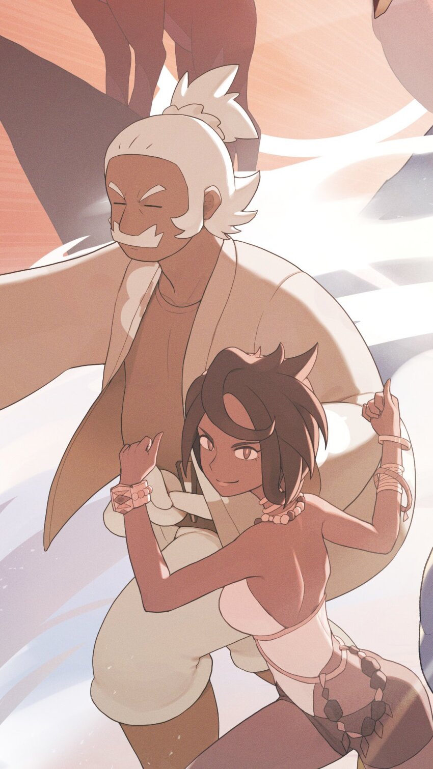 1boy 1girl 2024 armlet black_hair dark-skinned_female dark_skin facial_hair gen_7_pokemon hala_(pokemon) highres jewelry light_smile lycanroc lycanroc_(midday) mustache necklace nintendo odd_(hin_yari) old old_man olivia_(pokemon) open_clothes open_shirt pants pokemon pokemon_sm short_hair warm_colored white_hair white_pants z-move_trainer_pose
