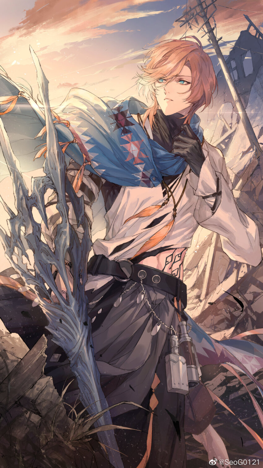 1boy aqua_eyes bead_bracelet beads belt belt_pouch black_belt black_gloves black_pants black_undershirt blonde_hair blue_cloak bracelet cloak cloud dusk feather_necklace feet_out_of_frame gloves grass highres hip_flask holding holding_polearm holding_weapon jewelry lance lars_rorschach lars_rorschach_(eden) long_sleeves looking_back lovebrush_chronicles male_focus midriff_peek necklace o-ring o-ring_belt official_art outdoors pants parted_lips polearm pouch rubble ruins seomouse shirt short_hair single_glove sleeve_garter solo spyglass standing stomach_tattoo swept_bangs tattoo torn_clothes torn_shirt turtleneck utility_pole waist_cape watermark weapon weibo_watermark white_shirt