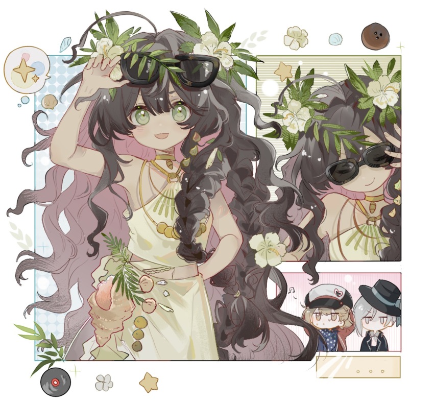 ... 3girls :d adjusting_clothes adjusting_eyewear adjusting_headwear ahoge arm_up arms_up bare_arms bare_shoulders beamed_sixteenth_notes black_coat black_hair black_hat blue_bow blue_neckerchief bow braid brown_eyes brown_hair newsboy_cap chibi chibi_inset closed_eyes coat coconut dark-skinned_female dark_skin eyewear_on_head fatutu flower green_eyes grey_eyes grey_hair hair_flower hair_ornament halter_shirt halterneck hand_up hat hat_bow hibiscus highres jacket jewelry leaf_hair_ornament long_hair looking_at_viewer midriff multiple_girls multiple_views musical_note neckerchief necklace no_mouth open_mouth polka_dot_neckerchief red_jacket regulus_(reverse:1999) reverse:1999 shell shell_necklace shirt single_braid skirt sleeveless sleeveless_shirt smile solo_focus speech_bubble spoken_sparkle star_(symbol) sunglasses sweat vertin_(reverse:1999) very_long_hair wavy_hair yellow_shirt yellow_skirt zhizhi_(surri79797)