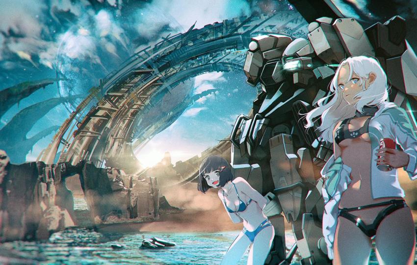2girls arms_behind_back bare_shoulders bikini black_bikini black_hair blue_bikini breasts can cliff cloud collarbone dark-skinned_female dark_skin drink_can elma_(xenoblade_x) holding holding_can hood hoodie landscape lin_lee_koo mecha multiple_girls night nintendo oblivia_(xenoblade_x) open_mouth robot scenery shiomi_(lowrise) skell_(xenoblade_x) sky small_breasts soda_can star_(sky) starry_sky swimsuit underboob unzipped water white_hair xenoblade_chronicles_(series) xenoblade_chronicles_x