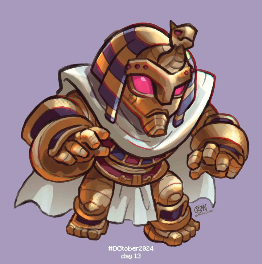 absurdres cape chibi cwdw digimon digimon_(creature) full_body gold_mask highres pharaoh pharaohmon purple_background simple_background solo white_cape
