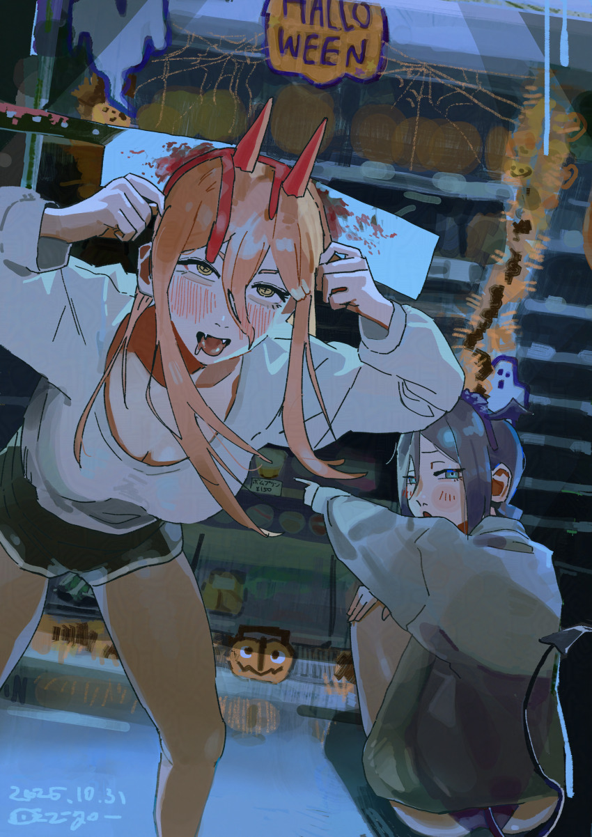 2girls absurdres black_hair black_panties black_shorts blonde_hair blue_eyes blush breasts chainsaw_man demon_girl demon_horns demon_tail grey_shirt hair_between_eyes highres horns knife_in_head large_breasts looking_back multiple_girls object_through_head panties pointing power_(chainsaw_man) red_horns reze_(chainsaw_man) shirt shorts squatting sweater tail underwear white_sweater yellow_eyes yu_ni_taro