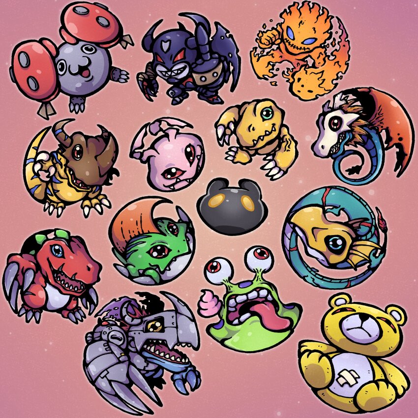absurdres agumon airdramon betamon botamon devimon digimon digimon_(creature) digital_monster_ver._1 gloves greymon highres koromon looking_at_viewer mamemon meramon metalgreymon_(virus) monzaemon numemon seadramon sharp_teeth teeth tyranomon