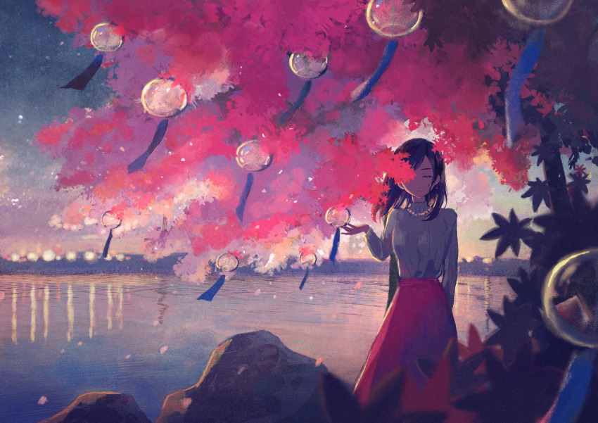 1girl autumn_leaves backlighting blurry blurry_background blurry_foreground brown_hair city_lights commentary_request depth_of_field earrings falling_leaves feet_out_of_frame hand_up harucoro25 jewelry leaf leaf_over_eye long_hair long_skirt necklace one_eye_covered original outdoors red_skirt reflection reflective_water shirt skirt sky standing straight-on tree twilight water white_shirt wide_shot wind_chime