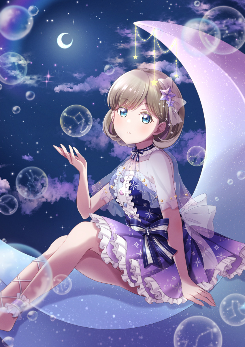 1girl blue_dress blue_eyes blush breasts brown_hair cloud commentary_request constellation_request crescent_moon dress feet_out_of_frame frilled_dress frills gradient_clothes gradient_dress highres hoshikuzu_cruising light_particles looking_at_viewer love_live! love_live!_superstar!! medium_breasts medium_dress moon nico_ron_nico night night_sky official_alternate_costume on_crescent parted_bangs parted_lips partial_commentary purple_dress short_hair sitting sky soap_bubbles solo strapless strapless_dress tang_keke