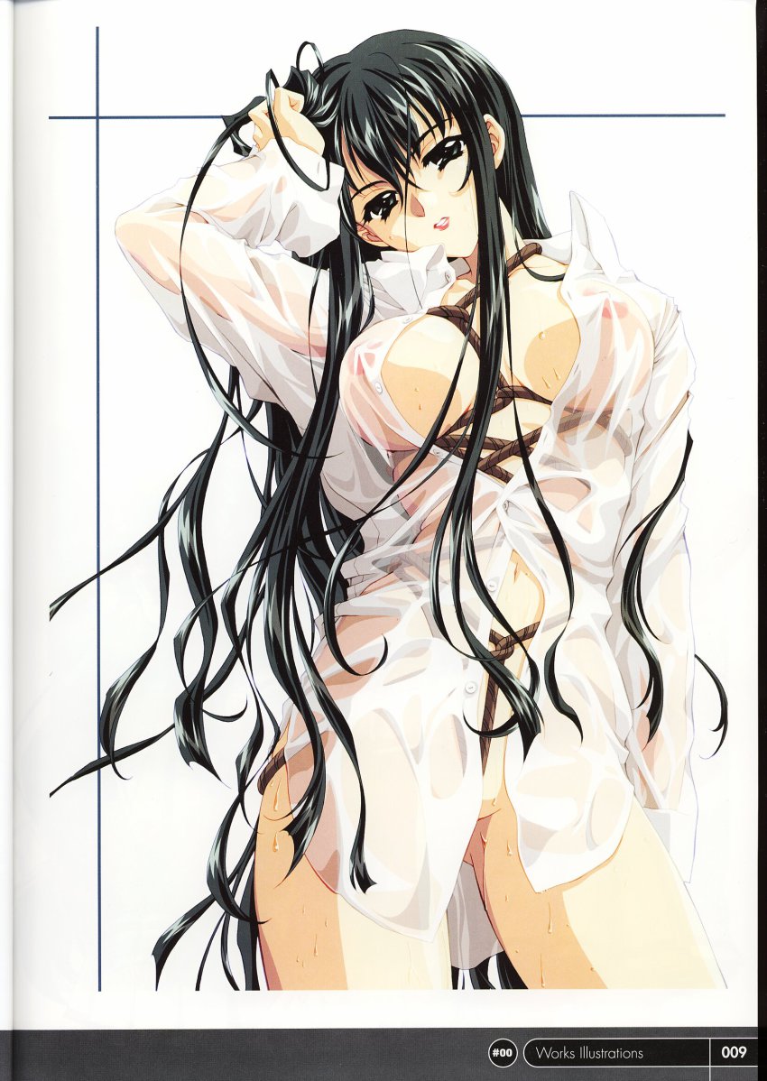 1girl bdsm black_hair bondage bound breast_bondage breasts carnelian crotch_rope female_focus highres long_hair mieno_yumi no_bra open_clothes open_shirt rope see-through_clothes shibari shirt solo thighs wam wam_xxxnovel-wetandmessy.com wet wet_clothes wet_shirt