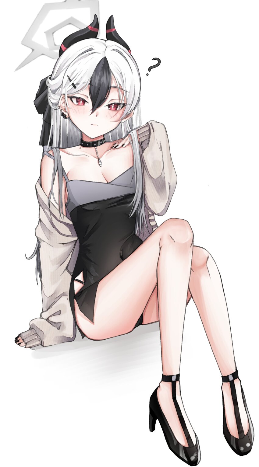 1girl ? absurdres adjusting_hair black_choker black_dress black_hair black_nails black_panties black_ribbon black_shoes blue_archive blush breasts choker cleavage closed_mouth clothes_pull collarbone confused covered_navel dot_nose dress eyebrows_hidden_by_hair eyelashes female_focus fingernails full_body grey_dress grey_hair grey_halo grey_sweater hair_ribbon halo hand_up high_heels highres horns kayoko_(blue_archive) kayoko_(dress)_(blue_archive) knees_up looking_at_viewer meemz_a mole mole_on_collarbone multicolored_hair nail_polish official_alternate_costume open_clothes open_sweater panties pantyshot petite red_eyes ribbon serious shoes short_dress simple_background sitting sleeveless sleeveless_dress sleeves_past_wrists small_breasts solo sweater sweater_pull two-tone_dress two-tone_hair underwear white_background