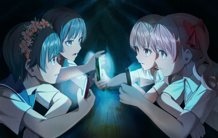 4girls absurdres black_hair blue_eyes blue_sailor_collar bow brown_eyes brown_hair commentary_request hair_bow head_wreath highres holding holding_phone huge_filesize long_hair looking_at_another lying misaka_mikoto multiple_girls on_floor on_stomach pension_z phone phone_flashlight red_bow sailor_collar sakugawa_school_uniform saten_ruiko school_uniform serafuku shirai_kuroko shirt short_hair toaru_kagaku_no_railgun toaru_majutsu_no_index tokiwadai_school_uniform twintails uiharu_kazari white_shirt