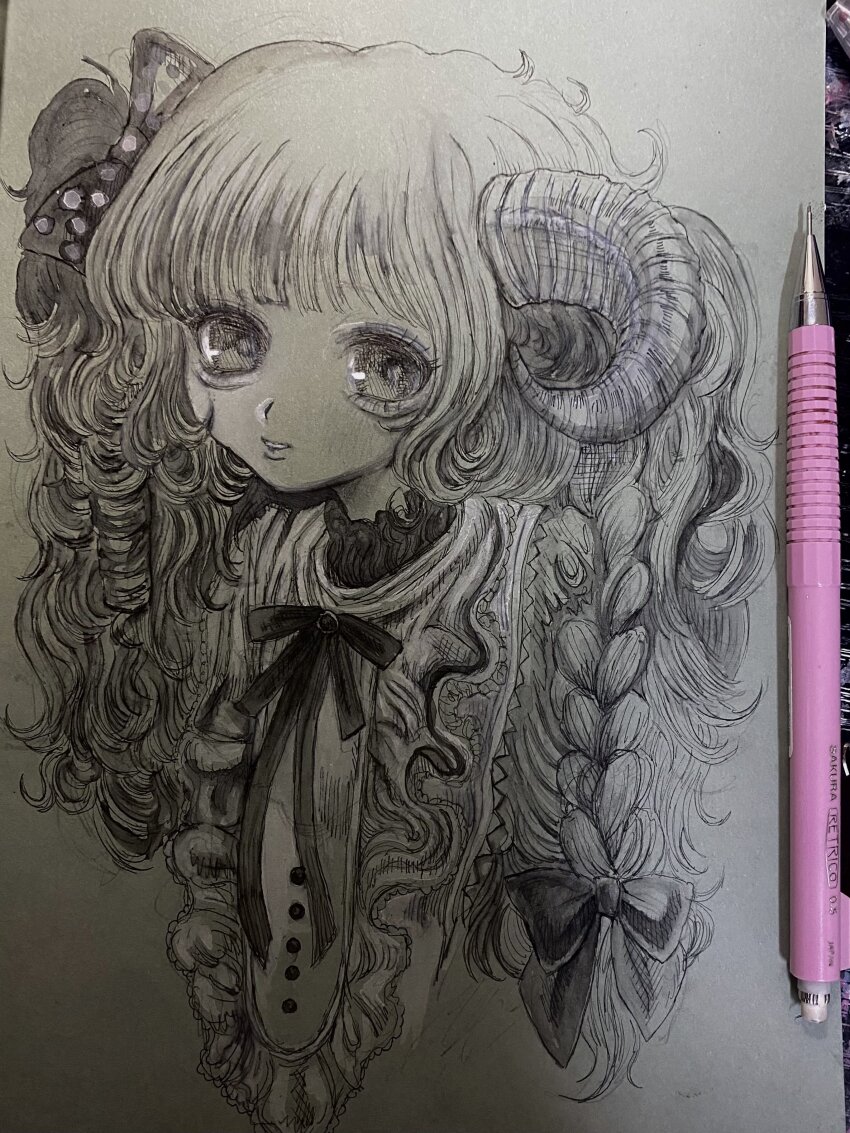 1girl absurdres aegyo_sal bow braid curled_horns expressionless hair_bow highres horns hwitmsikt long_hair looking_at_viewer monochrome original parted_lips photo_(medium) solo traditional_media upper_body wavy_hair