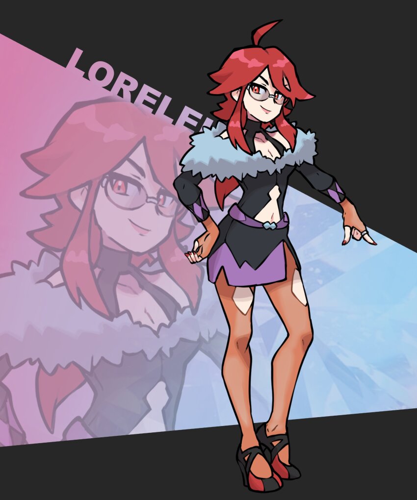 1girl absurdres ahoge alternate_costume bare_shoulders black_shoes breasts brown_pantyhose cleavage fur-trimmed_jacket fur_trim glasses halterneck hand_on_own_hip high_heels highres jacket large_breasts long_hair lorelei_(pokemon) multicolored_shoes nintendo off-shoulder_jacket off_shoulder pantyhose pencil_skirt pokemon pokemon_lgpe ponytail red_eyes red_hair red_shoes rgreywind shoes sidelocks skirt smile solo swept_bangs two-tone_shoes