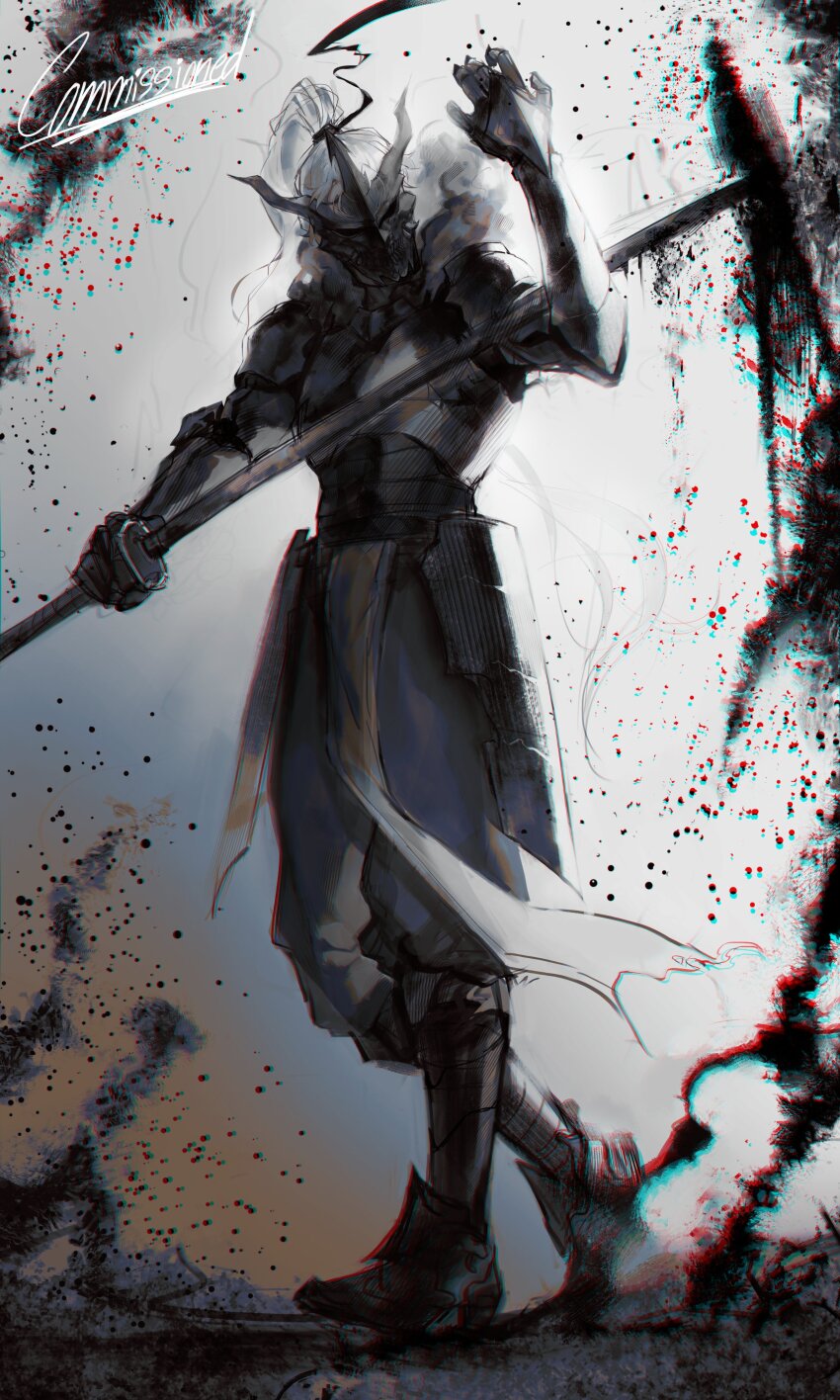 1boy absurdres armor baggy_pants black_mask breastplate chromatic_aberration commentary commission elbow_pads english_commentary full_body hand_up helmet high_ponytail highres holding holding_sword holding_weapon horns logicsterrr long_hair male_focus mask official_alternate_costume oni_mask pants pelvic_curtain ponytail shadow_slave shoulder_armor solo standing sunny_(shadow_slave) sword weapon white_hair