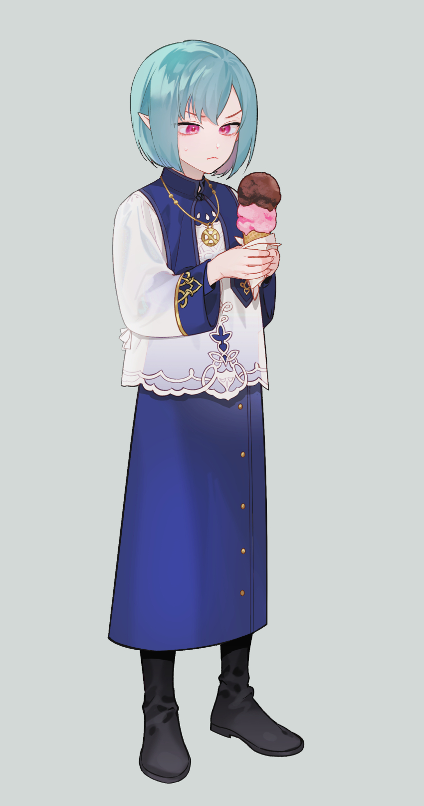 1boy absurdres boots elf eochaid_(mabinogi) food green_hair highres ice_cream looking_at_food mabinogi pointy_ears red_eyes rhin52888890 robe simple_background