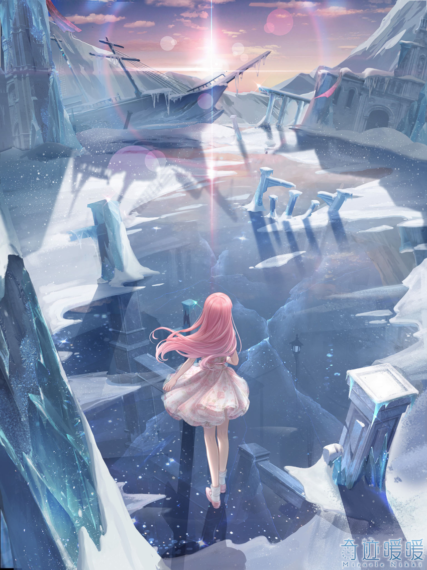 1girl ankle_socks artist_request bare_arms blue_sky cloud copyright_name dress floating_clothes floating_hair floral_print frilled_dress frills from_behind full_body game_cg gradient_sky highres ice lamppost light_particles logo long_hair miracle_nikki nikki_(nikki) nikki_(series) official_art orange_sky outdoors pillar pink_hair pink_shoes rose_print ruins shipwreck shoes short_dress sky sleeveless sleeveless_dress snow socks solo sunlight sunset third-party_source very_long_hair white_dress white_socks wind winter