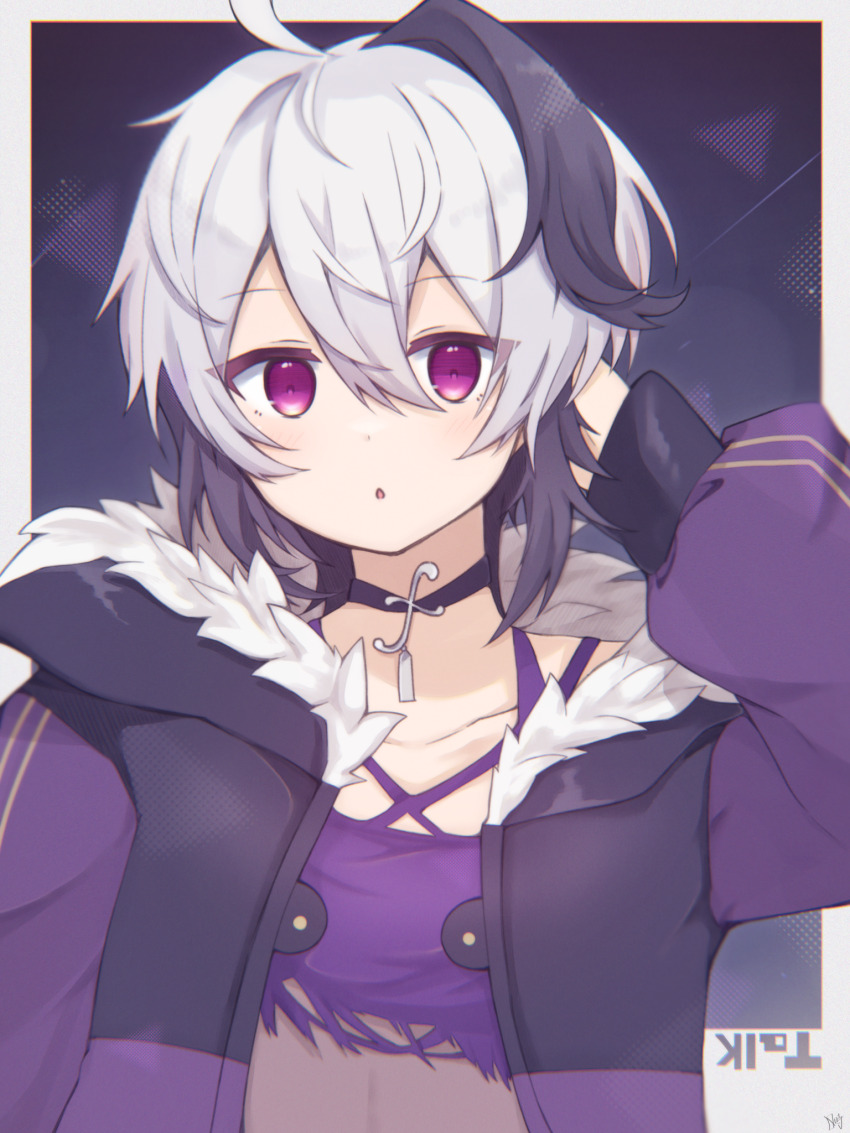 1girl border collar collarbone copyright_name crop_top dot_nose flower flower_(gynoid_talk) flower_(vocaloid) fur-trimmed_jacket fur_trim gynoid_talk hand_in_own_hair highres hood hood_down jacket light_blush long_sleeves looking_at_viewer navel open_mouth purple_background purple_collar purple_eyes purple_hair purple_jacket purple_shirt rageno0000 shirt short_hair sidelocks signature solo straight-on tomboy vocaloid white_border white_hair