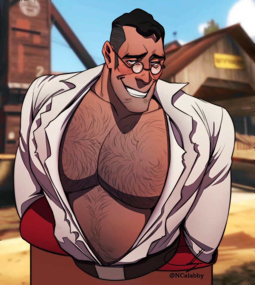1boy arms_behind_back bara bare_pectorals belt belt_buckle black_hair blue_eyes blue_sky blush brown_belt buckle building cabbage_(ncalabby) chest_hair clear_sky coat collarbone collared_coat cropped_torso day elbow_gloves glasses gloves grin half-closed_eyes highres huge_pectorals in-universe_location lab_coat large_pectorals looking_at_viewer male_focus mature_male medic_(tf2) muscular muscular_male navel_hair open_clothes open_coat outdoors pectoral_focus pectorals red_gloves red_medic_(tf2) rubber_gloves shirt short_hair sky smile solo stomach_hair team_fortress_2 teeth torn_clothes torn_coat torn_shirt weather_vane white_coat white_shirt wooden_wall