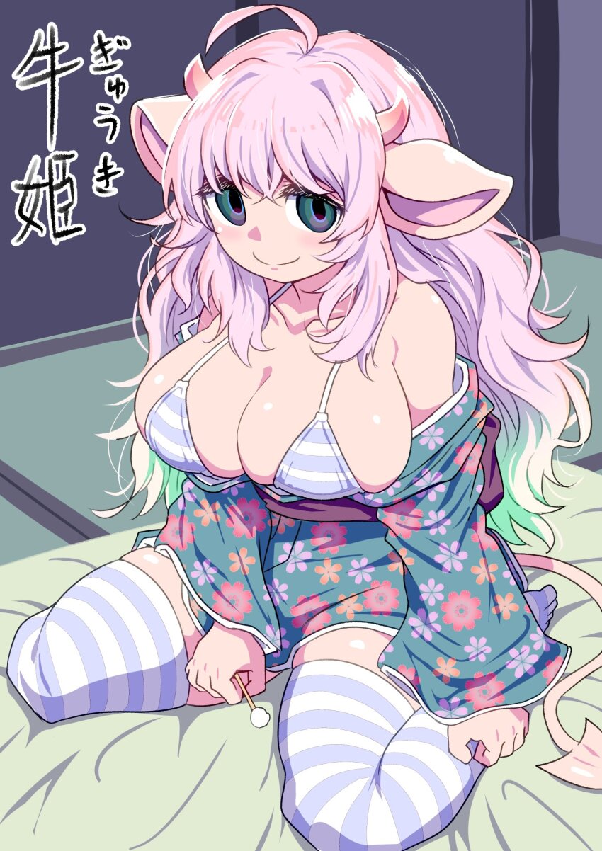 1girl animal_ears bikini bikini_top_only blush breasts cleavage cotton_swab cow_ears cow_girl cow_horns futon gradient_hair green_hair highres horns japanese_clothes kimono large_breasts long_hair mamiyama multicolored_hair off_shoulder original pink_hair seiza sitting smile swimsuit tatami thighhighs wavy_hair