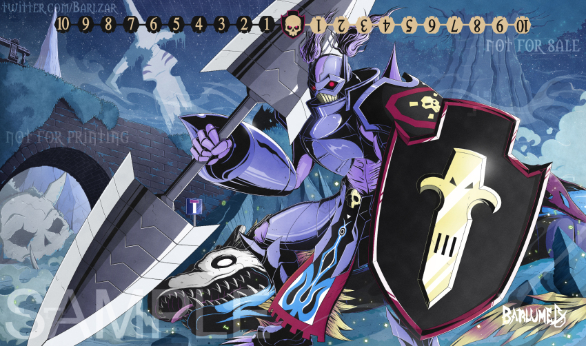 airdramon blonde_hair craniummon digimon digimon_(creature) dragon highres looking_at_viewer omegamon purple_hair red_eyes sharp_teeth shield skull spikes teeth twintails