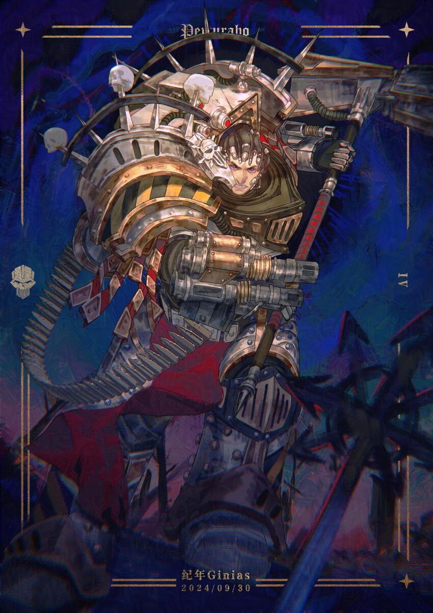 1boy absurdres ammunition_belt armor armored_boots artist_name bald blurry boots breastplate chaos_undivided_(symbol) character_name chromatic_aberration commentary couter cuirass dated depth_of_field english_commentary foreshortening forgebreaker full_armor gauntlets ginias gold_border greaves grey_armor hammer hazard_stripes highres holding holding_hammer iron_warriors leg_armor looking_at_viewer male_focus mechanical_parts night outdoors outside_border pauldrons pelvic_curtain perturabo poleyn power_armor primarch purple_eyes rerebrace roman_numeral running shoulder_armor skull solo star_(symbol) swinging_weapon the_logos_(warhammer) thunder_hammer warhammer_40k
