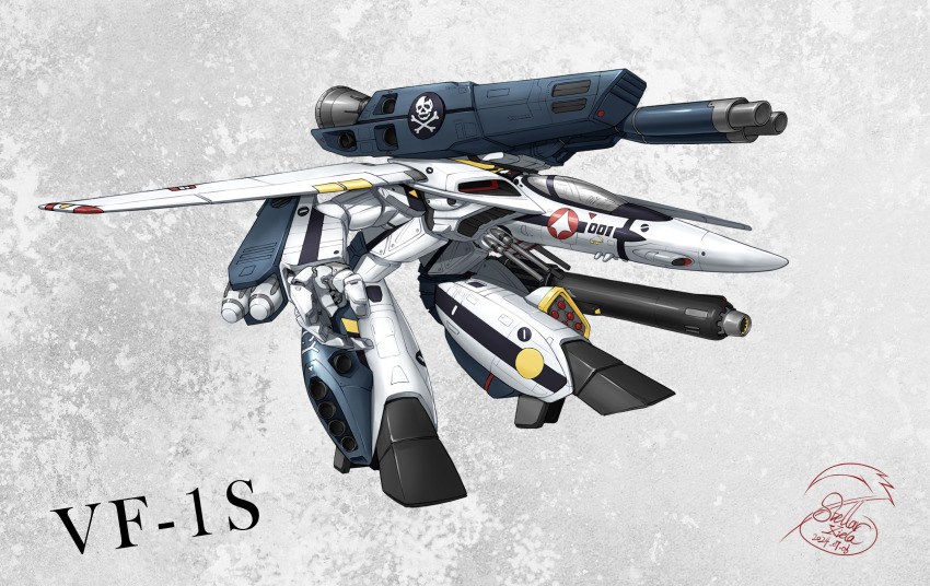 2024 character_name dated energy_cannon gerwalk gunpod highres jolly_roger macross macross:_do_you_remember_love? mecha missile_pod no_humans original robot roundel science_fiction signature stellarxiela2 thrusters u.n._spacy vf-1_strike vf-1s