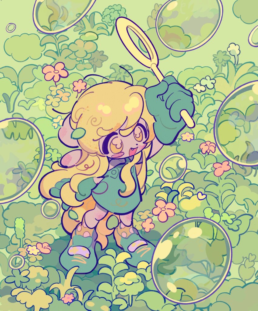 1girl :d arm_up blonde_hair bright_pupils bubble bubble_wand child clenched_hand derpy_hooves dot_nose dress fang flower from_above gloves green_dress green_footwear green_gloves happy highres humanization legs_apart long_hair my_little_pony my_little_pony:_friendship_is_magic open_mouth outdoors pink_flower short_dress smile standing thick_outlines vegetation white_pupils yanyannonoz yellow_eyes