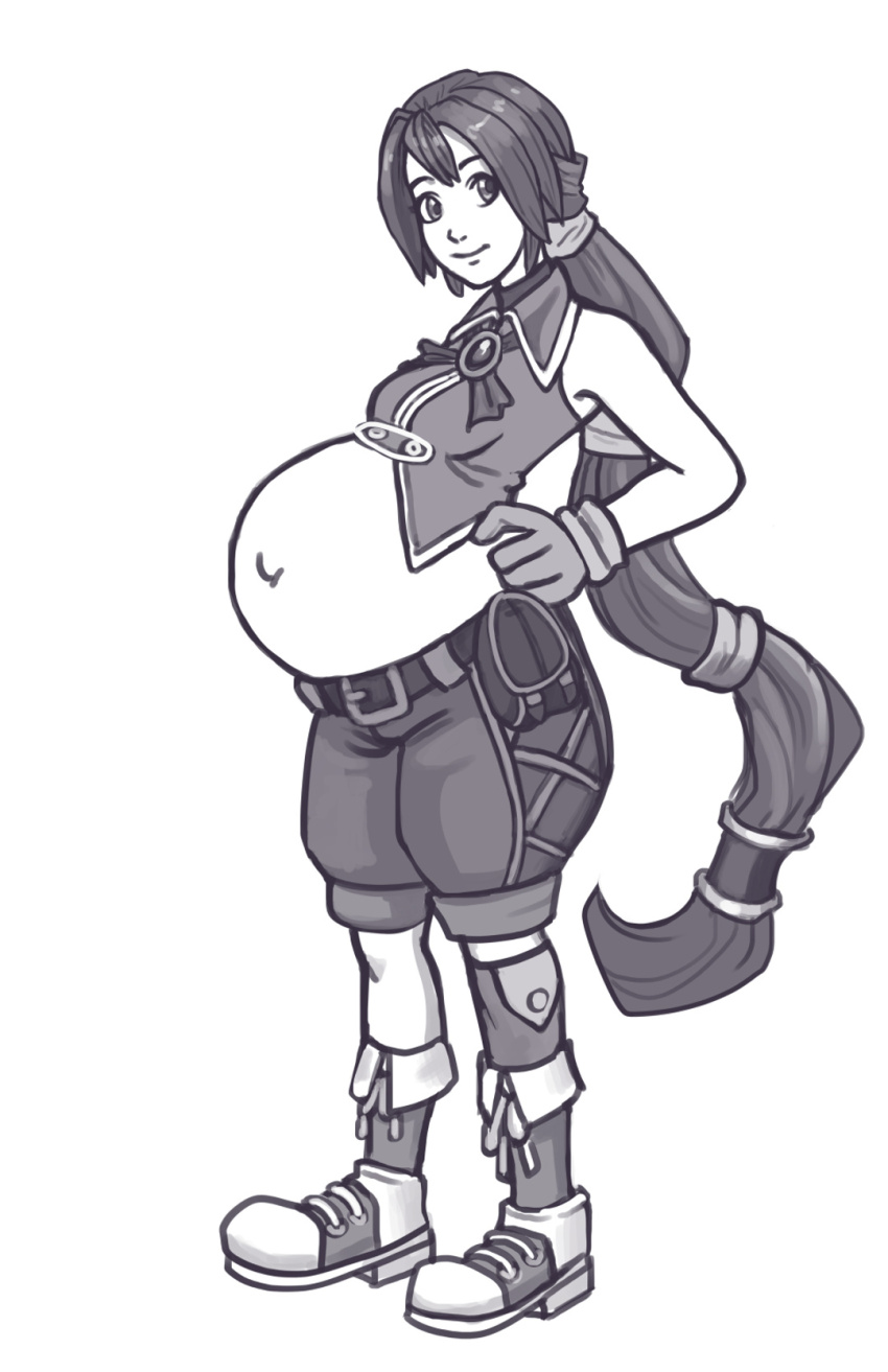 1girl belt commission commissioner_upload dark_chronicle dark_cloud dark_cloud_2 highres jewelry level-5 long_hair midriff monica_(dark_chronicle) monochrome olympic-dames ponytail pregnant rocket_launcher rpg shoes shorts smile sneakers solo weapon