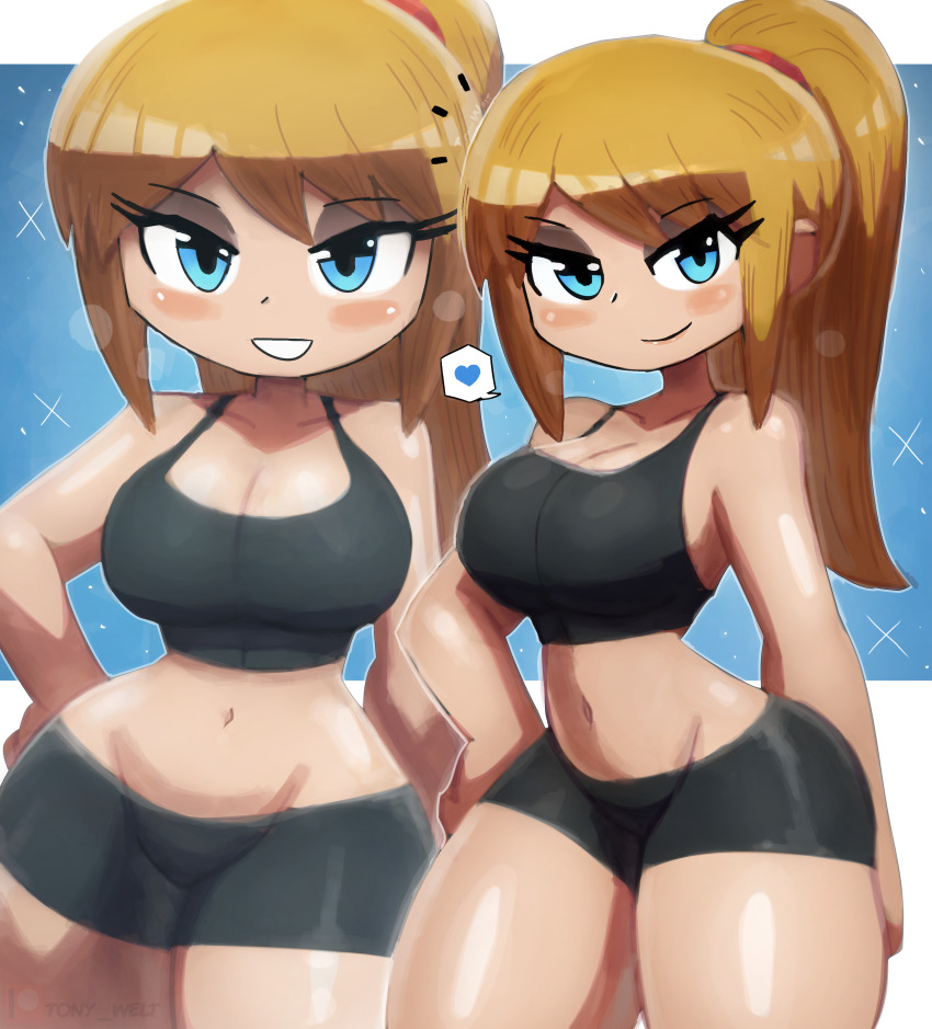 1girl absurdres black_shirt black_shorts blonde_hair blue_background blue_eyes blush breasts cleavage collarbone grin hand_on_own_hip heart highres large_breasts long_hair looking_at_viewer metroid midriff multiple_views navel nintendo ponytail samus_aran shirt shorts smile sparkle speech_bubble spoken_heart standing tank_top teeth thick_thighs thighs tony_welt wide_hips