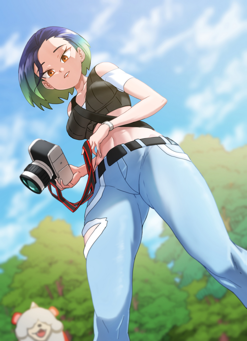 1girl absurdres bare_shoulders black_shirt blue_hair bob_cut breasts brown_eyes camera collarbone covered_eyes crop_top denim dog gluteal_fold heydove highres hisuian_growlithe holding holding_camera horns large_breasts looking_at_viewer loose_hair_strand midriff multicolored_hair navel nintendo perrin_(pokemon) pokemon pokemon_(creature) pokemon_sv ribbed_shirt shirt single_horn sleeveless sleeveless_shirt two-tone_hair undershirt v-neck watch wristwatch