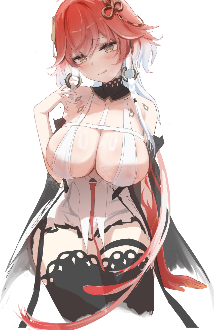 1girl :q absurdres adapted_costume black_thighhighs blush body_markings breasts changli_(wuthering_waves) colored_extremities commentary cropped_legs dress hair_ornament hand_up highres huge_breasts long_hair looking_at_viewer multicolored_hair pink_hair red_hands rishiyo_(mcfa5282) simple_background sitting solo thigh_strap thighhighs thighs tongue tongue_out two-tone_hair very_long_hair white_background white_dress white_hair wuthering_waves yellow_eyes