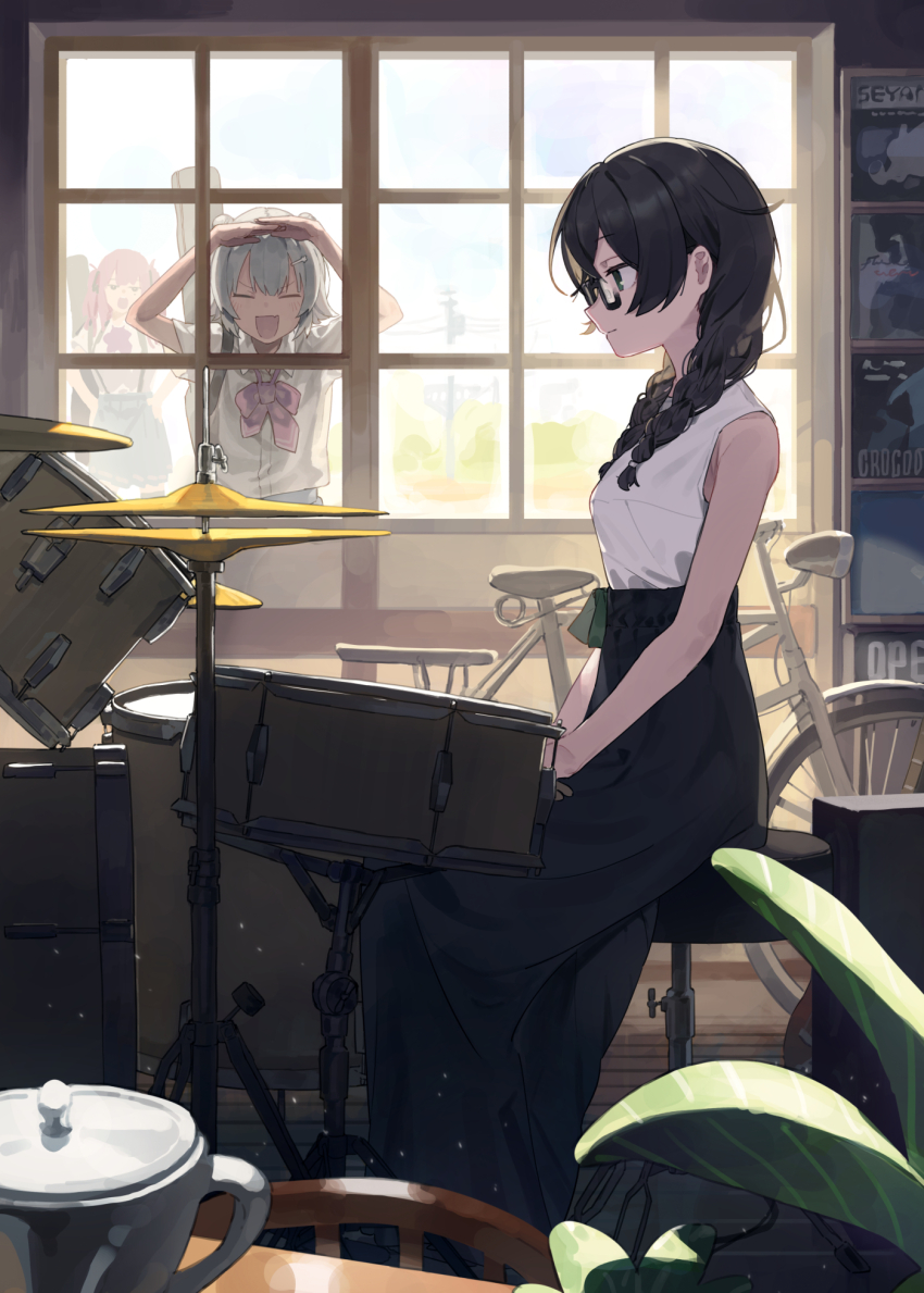 3girls against_window alternate_costume arms_up backlighting bicycle black_hair black_skirt bow bowtie braid breasts cevio closed_mouth commentary_request day double_bun drum drum_set drumsticks facing_another feet_out_of_frame from_side glasses green_eyes grey_hair guitar_case hair_bun hair_over_shoulder hanakuma_chifuyu hands_on_lap hands_on_own_hips highres hitogome holding holding_drumsticks indoors instrument instrument_case instrument_on_back koharu_rikka light_particles light_smile long_skirt looking_ahead looking_inside loose_bowtie low_twin_braids medium_breasts multiple_girls natsuki_karin on_stool open_mouth pink_bow pink_bowtie plant profile school_uniform shirt shirt_tucked_in short_sleeves sitting skirt sleeveless sleeveless_shirt smile synthesizer_v teapot twin_braids v-shaped_eyebrows white_shirt window