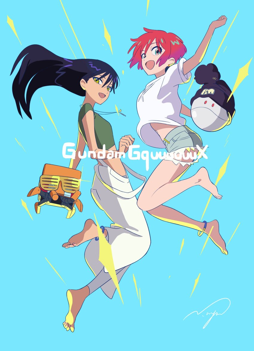 1girl 2girls amate_yuzuriha anklet aqua_eyes blue_background crop_top denim denim_shorts full_body gundam gundam_gquuuuuux haro highres jewelry jumping long_hair looking_at_viewer midair midriff multiple_girls nakamura_mayumi non-humanoid_robot nyaan_(gundam_gquuuuuux) open_mouth overalls purple_hair red_hair robot shirt short_sleeves shorts smile yellow_eyes