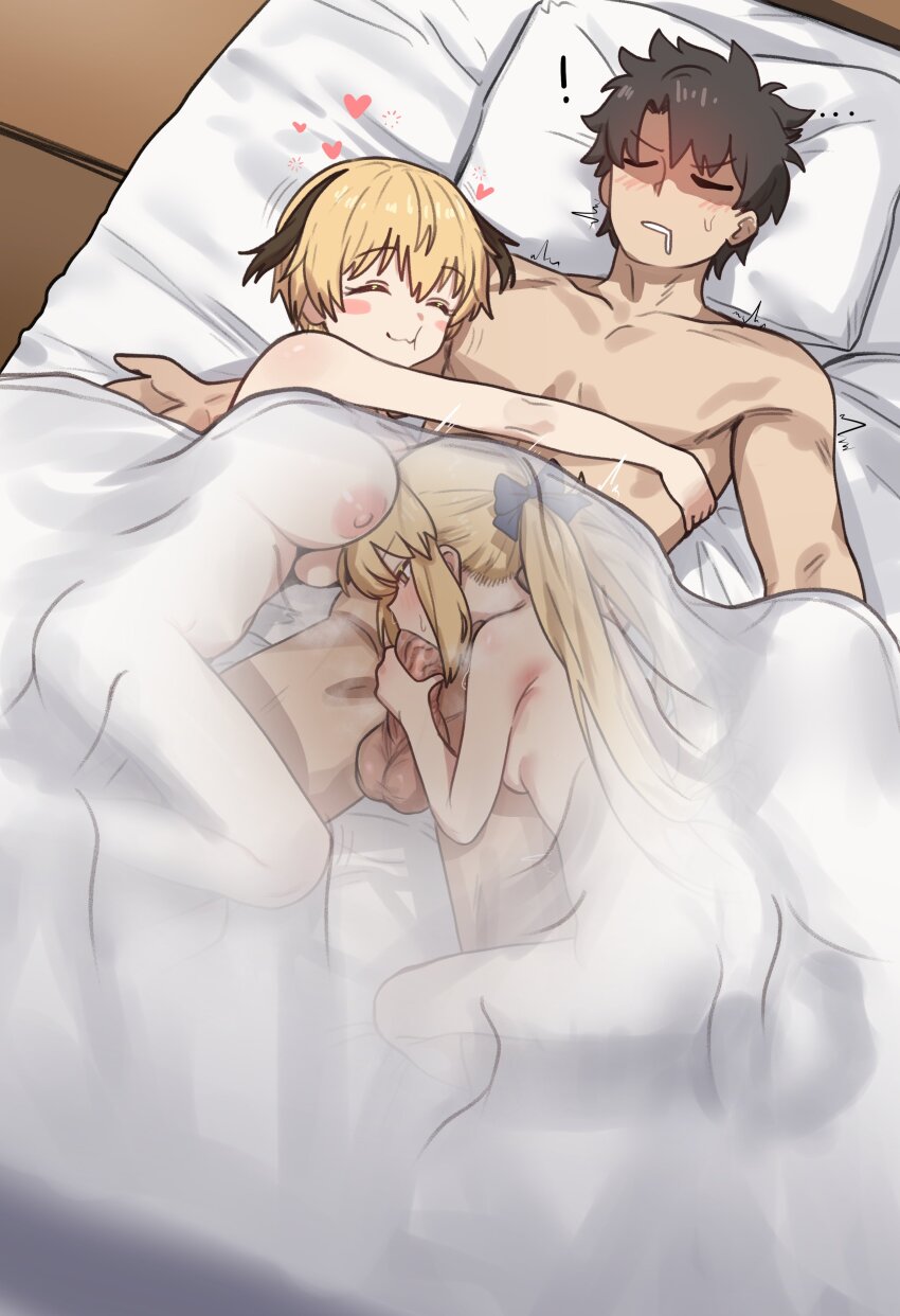 ! 1boy 2girls absurdres alternate_breast_size artoria_caster_(fate) artoria_pendragon_(fate) ass black_hair blonde_hair breasts commentary ebora english_commentary exhausted fate/grand_order fate_(series) fellatio fujimaru_ritsuka_(male) gareth_(fate) green_eyes hair_flaps hetero highres hug large_breasts long_hair multiple_girls nipples nude on_bed oral penis pussy_juice see-through_clothes short_hair small_breasts smile testicles twintails uncensored under_covers