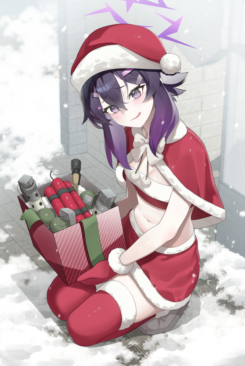 1girl absurdres blue_archive bomb boots box breasts capelet christmas christmas_present cleavage commentary_request darros dynamite explosive fur-trimmed_boots fur-trimmed_capelet fur-trimmed_thighhighs fur_trim gift grenade haruka_(blue_archive) hat highres kneeling korean_commentary looking_at_viewer mittens navel open_mouth pipe_bomb purple_eyes purple_hair red_capelet red_mittens red_thighhighs santa_hat small_breasts smile snow snowing solo stomach thighhighs tnt